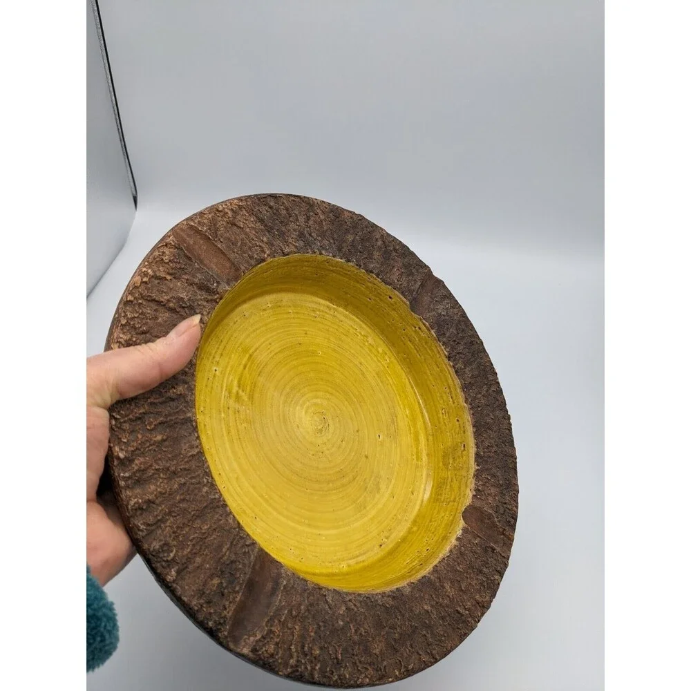 Vintage Bitossi Ashtray Round Bowl‎ Brown Yellow 1960s Italy Brutalist 10.5